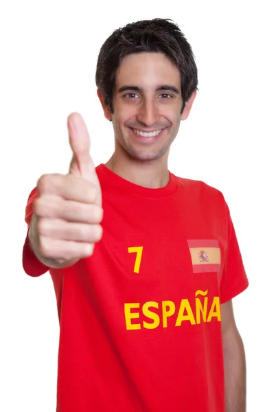 Spanish sports fan with black hair showing thumb up — Stock Photo, Image