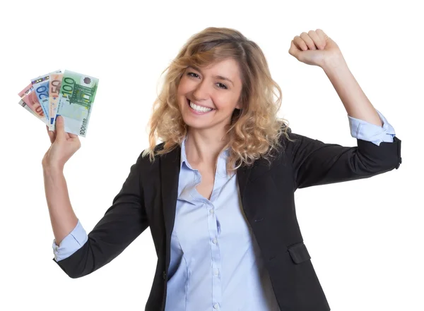 Woman with blond hair is happy about her money — Stock Photo, Image