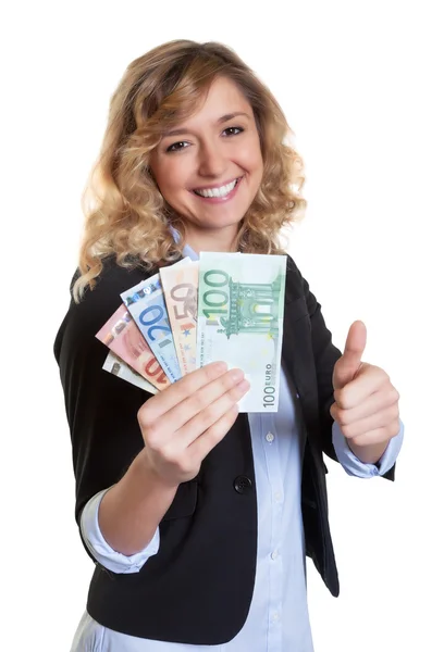 Woman with blond hair showing money and thumb — Stock Photo, Image