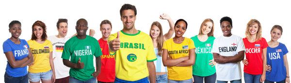 Brazilian sports fan showing thumb with 10 international fans