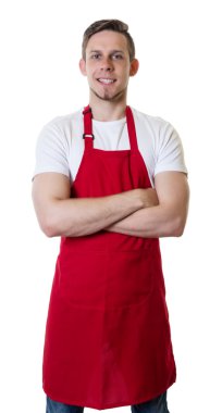 Kırmızı önlük ve çapraz kolları ile beyaz garson