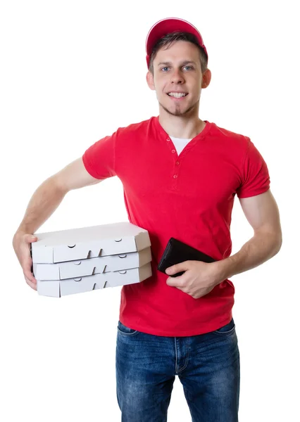 Beyaz pizza teslimi adam gülüyor — Stok fotoğraf
