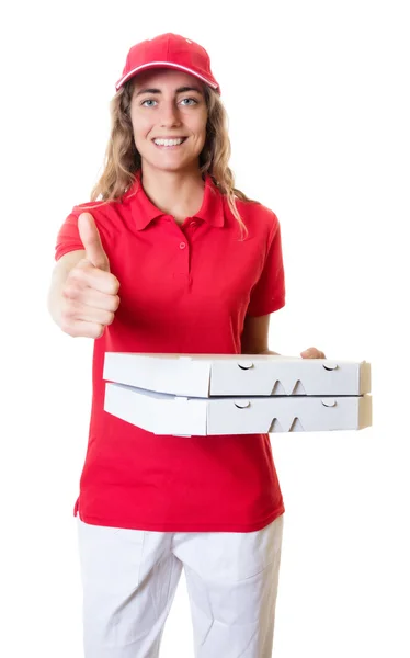 Sorridente donna caucasica consegna pizza — Foto Stock