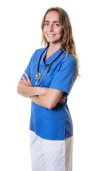 Laughing caucasian nurse with crossed arms — Stock Photo, Image