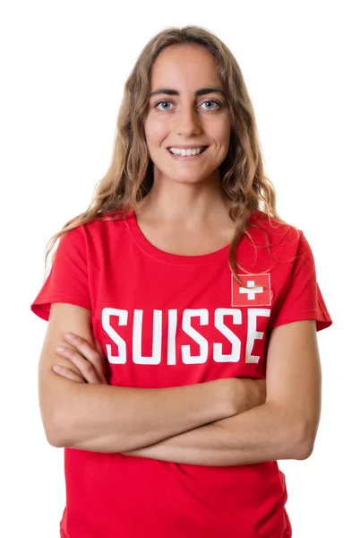 Laughing female sports fan from Switzerland — Stock Photo, Image