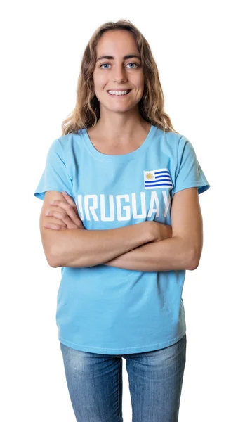 Female sports fan from Uruguay with crossed arms — Stock Photo, Image