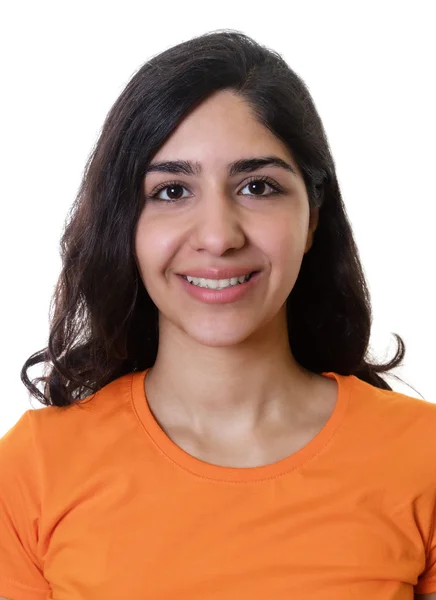 Passaporte foto de uma jovem mulher árabe — Fotografia de Stock
