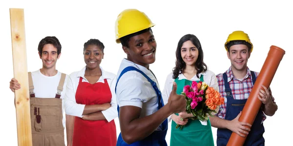 Trabalhador da construção afro-americano rindo com grupo de othe — Fotografia de Stock