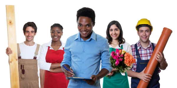 Laughing african american businessman with group of other intern — Stock Photo, Image