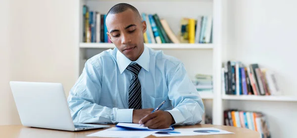 Handsome African American Businessman Stay Indoors Home Writing Notes — Stock Photo, Image