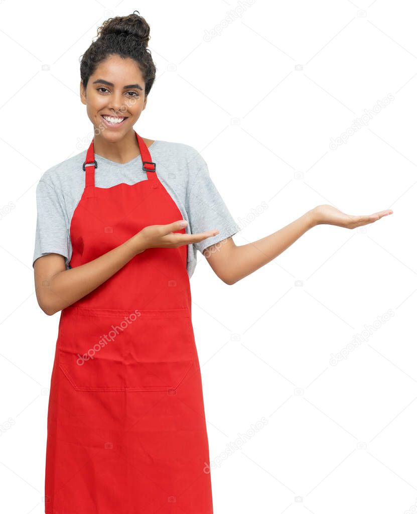 Presenting brazilian waitress or female clerk isolated on white background for cut out