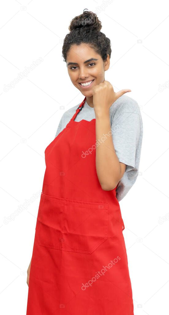 Motivated brazilian waitress or female clerk isolated on white background for cut out