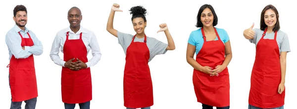 Group Fashionable Latin American African Caucasian Waiters Waitresses Isolated White — Stock Photo, Image