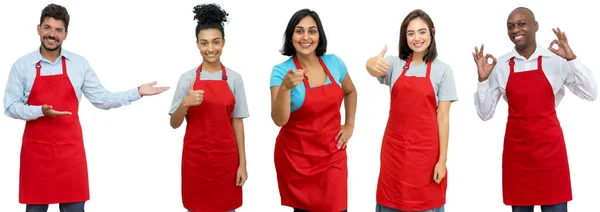 Grupa Śmiejących Się Latynoski Amerykański Afrykański Kaukaski Kelnerzy Kelnerki Izolowane — Zdjęcie stockowe