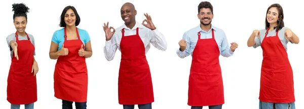 Group Happy Latin American African Caucasian Waiters Waitresses Isolated White — Stock Photo, Image