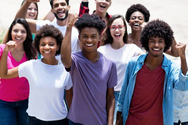 Successful Cheering Latin Hispanic African American Caucasian Young Adults Outdoor — Stock Photo, Image