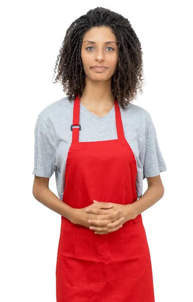 Empregada Mesa Jovem Secretária Feminina Com Cabelo Encaracolado Avental Vermelho — Fotografia de Stock