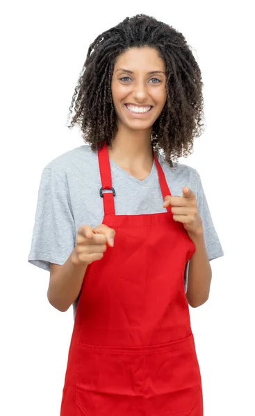 漂亮的女服务员或女职员 红围裙 白色背景隔离 可裁剪 — 图库照片