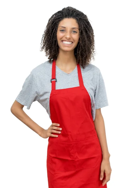 Pretty Waitress Female Clerk Curly Hair Red Apron Isolated White — Stock Photo, Image