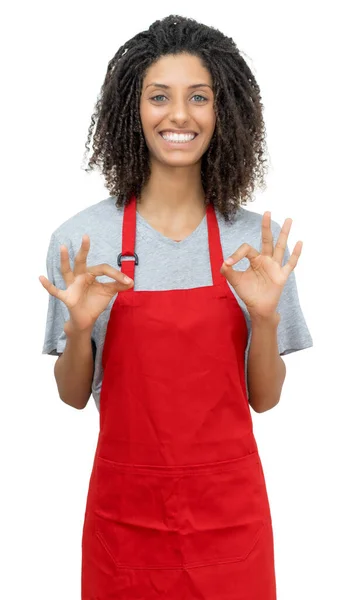 Camarera Feliz Empleada Femenina Con Pelo Rizado Delantal Rojo Aislado —  Fotos de Stock