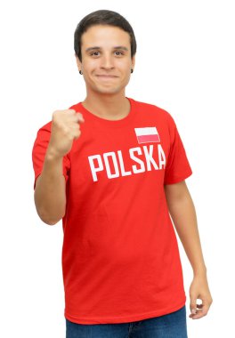 Polonyalı mutlu futbol taraftarı beyaz arka planda izole edildi
