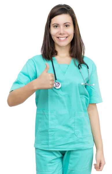 장발을 성향이 간호사가 나가기 배경에 외따로 떨어져 엄지손가락을 — 스톡 사진