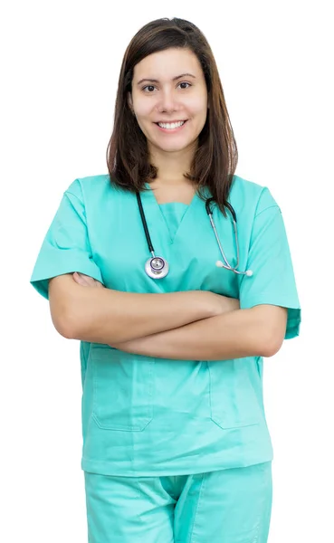 Laughing German Female Nurse Long Hair Isolated White Background Cut Stock Photo