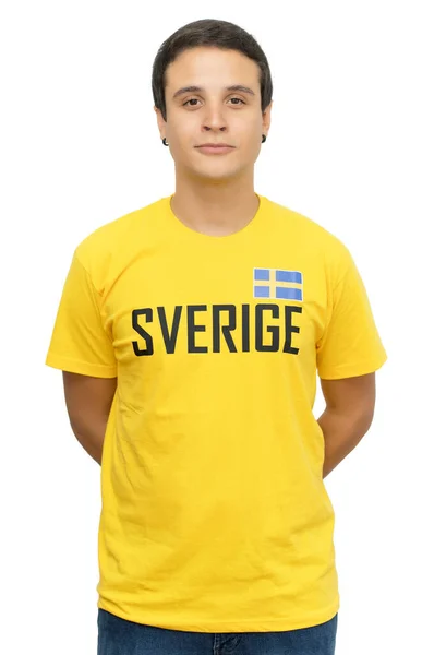 Przystojny Szwedzki Fan Piłki Nożnej Krótkimi Włosami — Zdjęcie stockowe