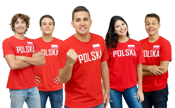 Szczęśliwy Fan Piłki Nożnej Polski Grupą Polskich Kibiców Odizolowanych Białym — Zdjęcie stockowe