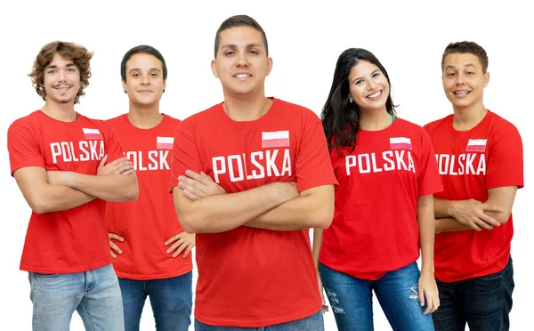 Schöner Fußballfan Aus Polen Mit Einer Gruppe Polnischer Fans Auf — Stockfoto