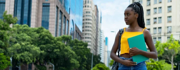 Dreaming Afro American Female Student Braids Copy Space Outdoor City — Stock Photo, Image