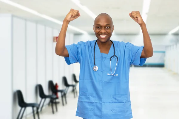 Cheering Mature Adult African American Male Nurse Vaccination Station Vacinating — Stock Photo, Image