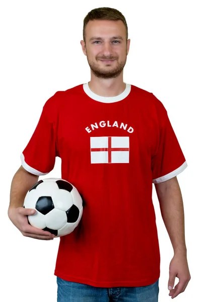 Snygg Fotbollsfan Från England Med Boll Isolerad Vit Bakgrund För — Stockfoto