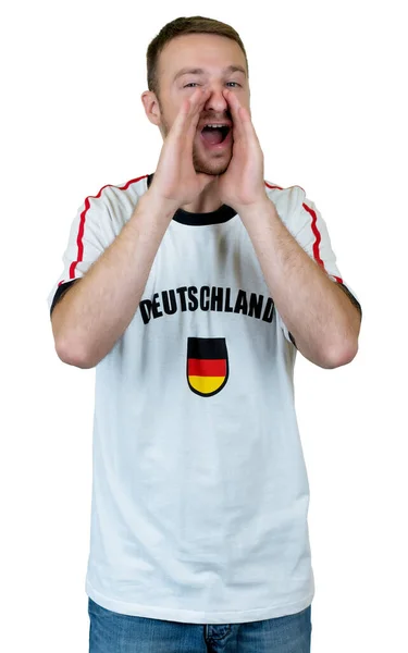 Aufgeregter Deutscher Fußballfan Mit Trikot Auf Weißem Hintergrund Zum Ausschneiden — Stockfoto