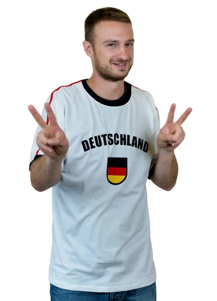 Optimistischer Deutscher Fußballfan Mit Trikot Auf Weißem Hintergrund Zum Ausschneiden — Stockfoto