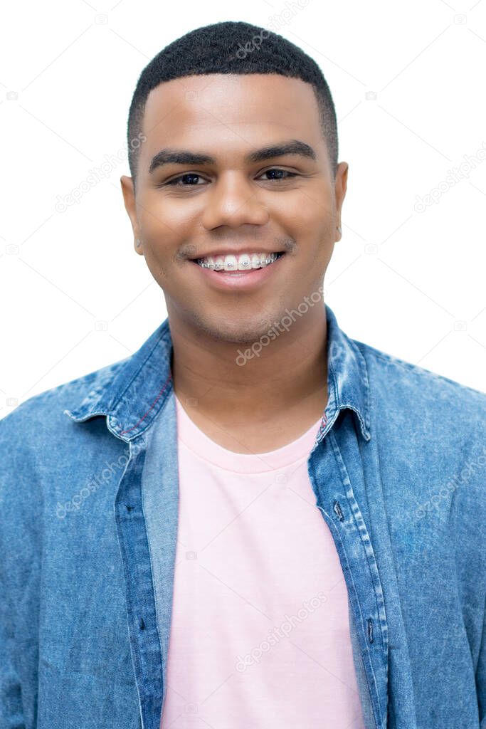 Passport photo of laughing brazilian young adult man with braces isolated on white background for cut out