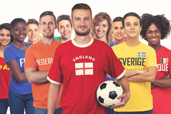 Sonriente Fanático Del Fútbol Inglés Con Grupo Seguidores Europeos Suecia — Foto de Stock
