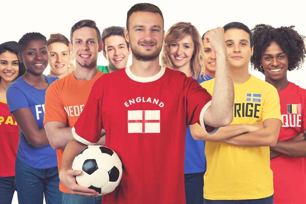 Glad Engelsk Fotbollssupporter Med Andra Europeiska Supportrar Från Sverige Belgien — Stockfoto
