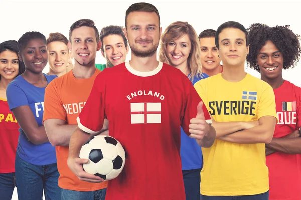 Optimistisk Engelsk Fotbollssupporter Med Andra Europeiska Supportrar Från Sverige Belgien — Stockfoto