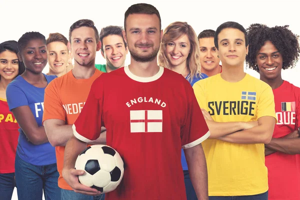 Aficionado Fútbol Inglés Guapo Con Grupo Otros Partidarios Europeos Suecia — Foto de Stock