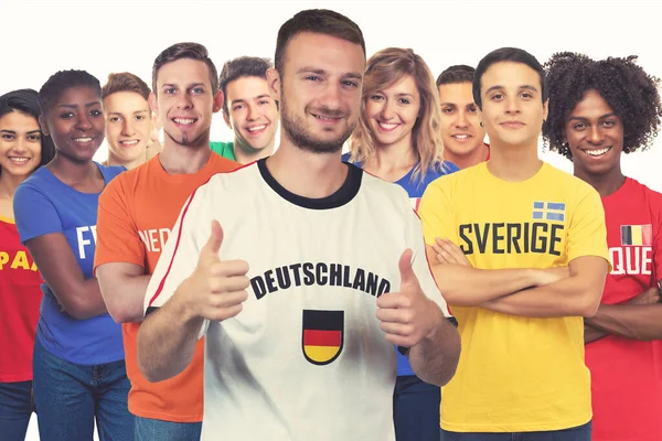 Optimistischer Deutscher Fußballfan Mit Anderen Europäischen Fans Aus Schweden Belgien — Stockfoto