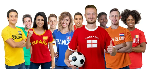 Aficionado Fútbol Optimista Inglaterra Con Gran Grupo Aficionados Europeos Suecia — Foto de Stock