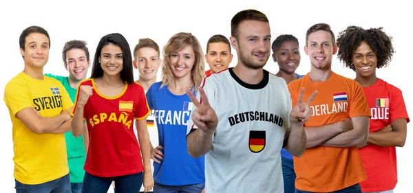 Miłośnik Piłki Nożnej Niemiec Dużą Grupą Europejskich Kibiców Piłki Nożnej — Zdjęcie stockowe