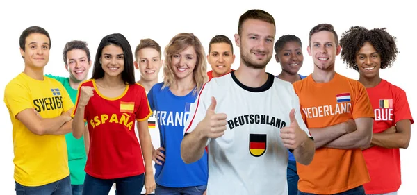 Optimistische Voetbalfan Uit Duitsland Met Een Grote Groep Europese Voetbalsupporters — Stockfoto