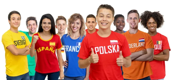 Optymistyczny Fan Piłki Nożnej Polski Dużą Grupą Europejskich Kibiców Piłki — Zdjęcie stockowe