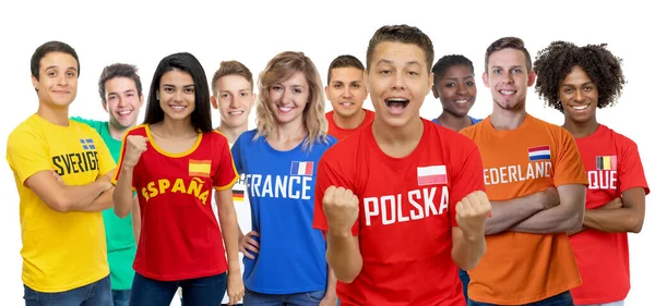 Heja Fotbollsfan Från Polen Med Stor Grupp Europeiska Fotbollssupportrar Från — Stockfoto