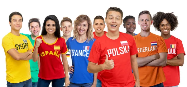 来自波兰的快乐球迷与来自瑞典 比利时 西班牙和法国的一大批欧洲足球支持者在一起 — 图库照片