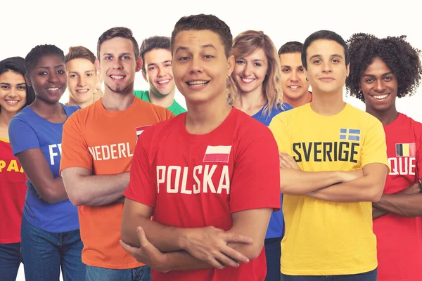 年轻的波兰球迷与来自瑞典 比利时 西班牙和法国的一群其他欧洲支持者 — 图库照片