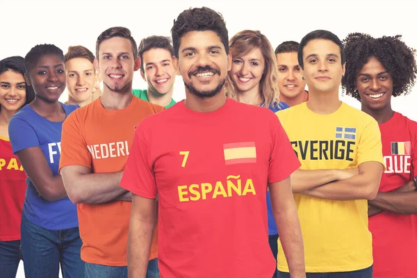 Aficionado Fútbol Español Con Grupo Otros Aficionados Europeos Suecia Holanda — Foto de Stock