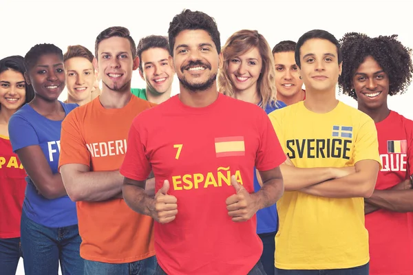 スウェーデン オランダ スペイン フランスからの他のヨーロッパのサポーターのグループと幸せなスペインのサッカーファン — ストック写真